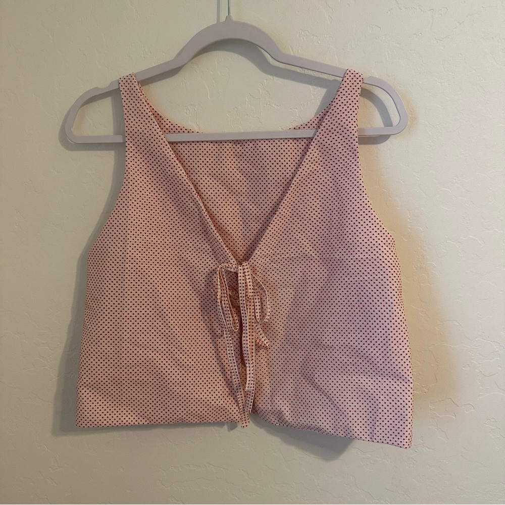 Handmade Red White Polka Dot Sleeveless Tie Front Top XS Cropped Retro V-Neck